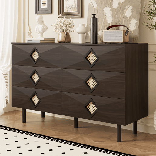 Tocador elegante com 6 gavetas - Puxadores de rattan, ideal para quarto e sala - Nogueira