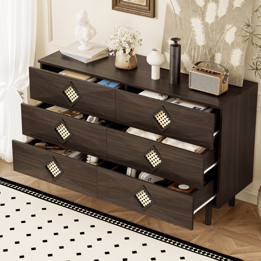 Tocador elegante com 6 gavetas - Puxadores de rattan, ideal para quarto e sala - Nogueira