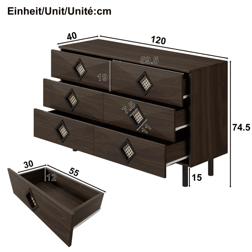 Tocador elegante com 6 gavetas - Puxadores de rattan, ideal para quarto e sala - Nogueira