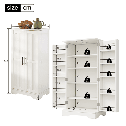 Aparador 120x60x40 cm - Com luz LED, 2 portas, prateleiras ajustáveis - Branco
