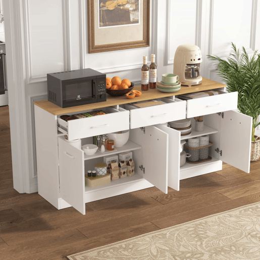 Aparador de cozinha 76,5 x 160 x 37 cm - 3 gavetas, prateleiras ajustáveis, ilha de cozinha com bancada com efeito de madeira - branco e natural