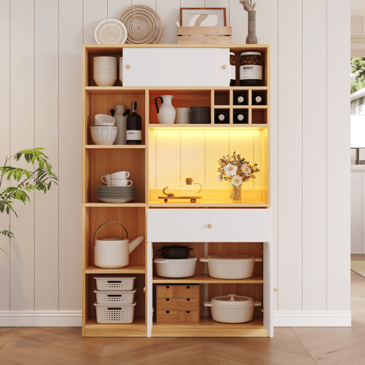 Aparador 115x35x180 cm - Buffet com LED, armário multifuncional, 1 gaveta, 3 portas, prateleiras Aparador 115x35x180 cm - Buffet com LED, armário multifuncional, 1 gaveta, 3 portas, prateleiras