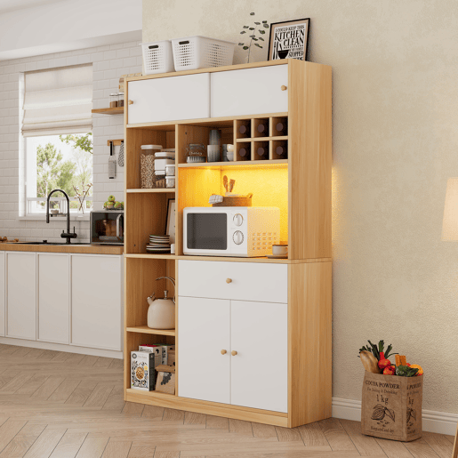 Aparador 115x35x180 cm - Buffet com LED, armário multifuncional, 1 gaveta, 3 portas, prateleiras Aparador 115x35x180 cm - Buffet com LED, armário multifuncional, 1 gaveta, 3 portas, prateleiras