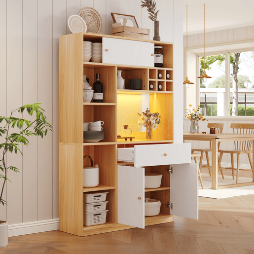 Aparador 115x35x180 cm - Buffet com LED, armário multifuncional, 1 gaveta, 3 portas, prateleiras Aparador 115x35x180 cm - Buffet com LED, armário multifuncional, 1 gaveta, 3 portas, prateleiras