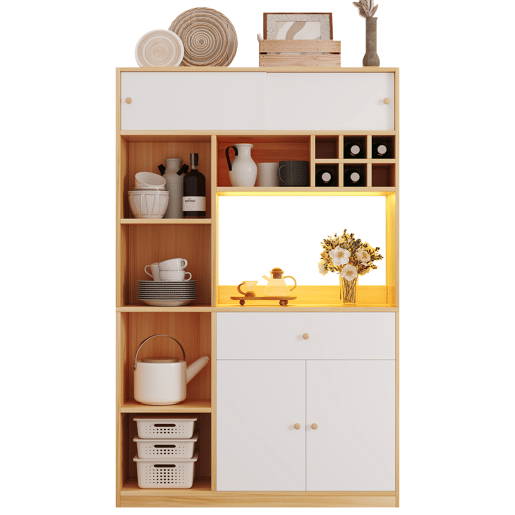 Aparador 115x35x180 cm - Buffet com LED, armário multifuncional, 1 gaveta, 3 portas, prateleiras Aparador 115x35x180 cm - Buffet com LED, armário multifuncional, 1 gaveta, 3 portas, prateleiras