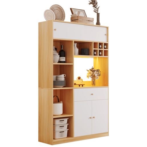 Aparador 115x35x180 cm - Buffet com LED, armário multifuncional, 1 gaveta, 3 portas, prateleiras Aparador 115x35x180 cm - Buffet com LED, armário multifuncional, 1 gaveta, 3 portas, prateleiras