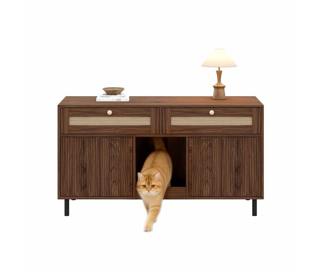 Mueble para arenero de gatos 120x50x65 cm - con alfombra atrapa arena, cajones de ratán, mueble aparador/tv multifuncional, sin caja de arena - color