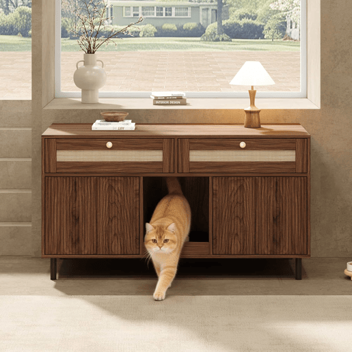 Móvel para caixa de areia para gatos 120x50x65 cm - com tapete para reter a areia, gavetas de rattan, aparadormóvel de TV multifuncional, sem caixa de areia - Cor nogueira