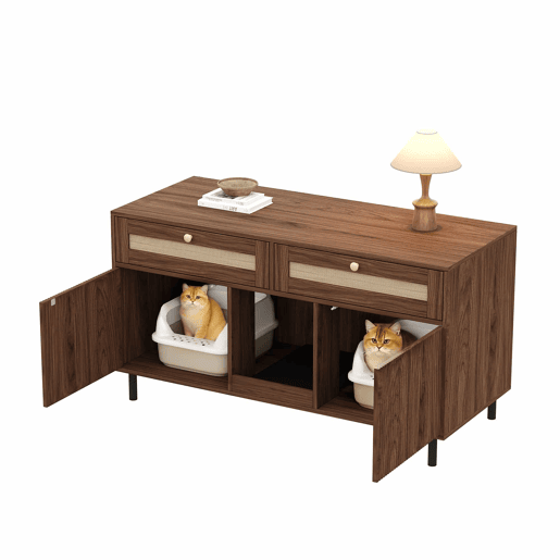 Móvel para caixa de areia para gatos 120x50x65 cm - com tapete para reter a areia, gavetas de rattan, aparadormóvel de TV multifuncional, sem caixa de areia - Cor nogueira