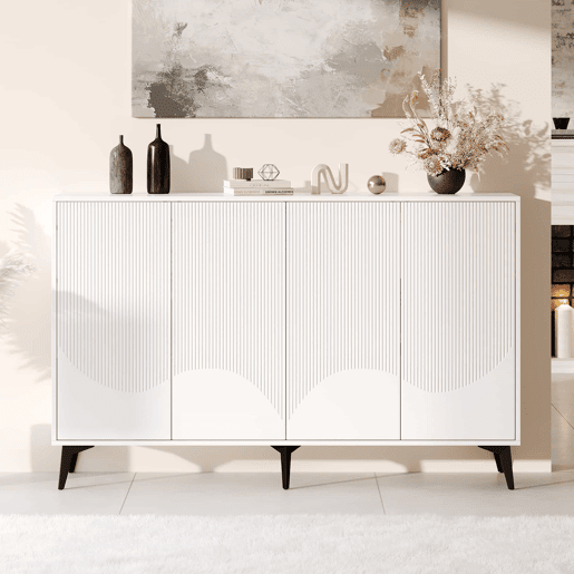 Aparador de 160 cm - 4 portas, prateleiras ajustáveis, multifuncional com pés metálicos - branco