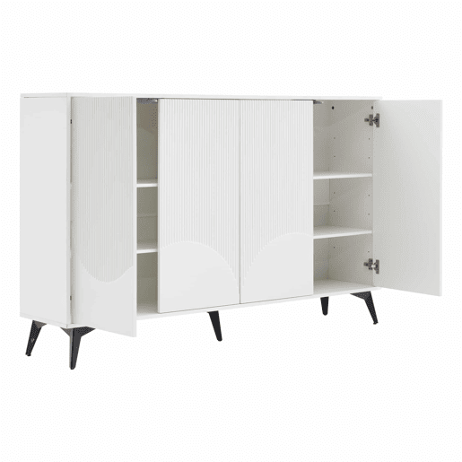 Aparador de 160 cm - 4 portas, prateleiras ajustáveis, multifuncional com pés metálicos - branco