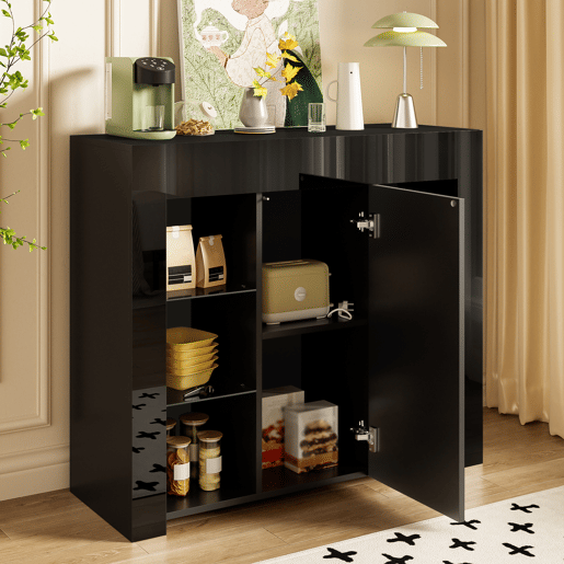 Aparador moderno 95x35x83 cm - Estilo compacto com prateleiras de vidro e porta - Preto