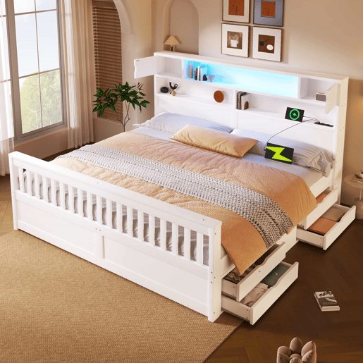 Cama de plataforma 180 x 200 cm - com prateleiras de arrumação, iluminação LED, porta USB e quatro gavetas - branco