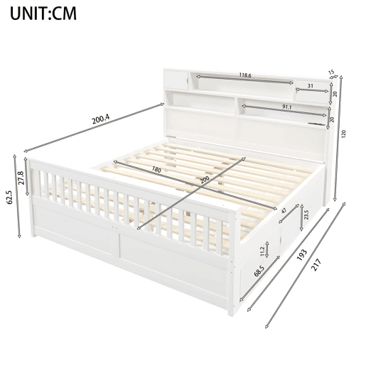 Cama de plataforma 180 x 200 cm - com prateleiras de arrumação, iluminação LED, porta USB e quatro gavetas - branco