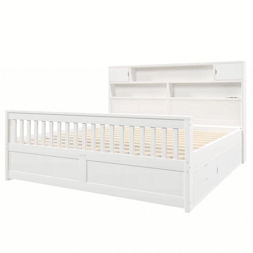 Cama de plataforma 180 x 200 cm - com prateleiras de arrumação, iluminação LED, porta USB e quatro gavetas - branco