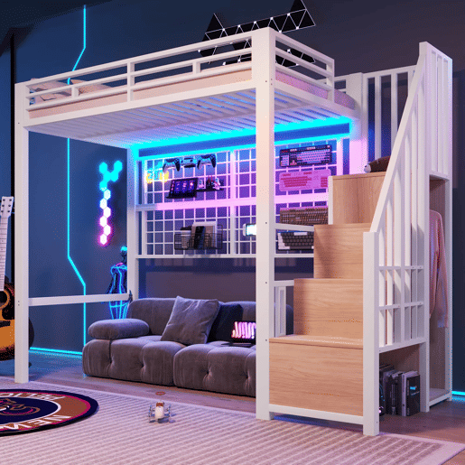 Cama alta 90x200 cm - estrutura em ferro, roupeiro integrado, escada com espaço de arrumação, grelha para pendurar objetos, espaço livre na parte inferior, luzes LED com 7 cores, sem colchão - branco
