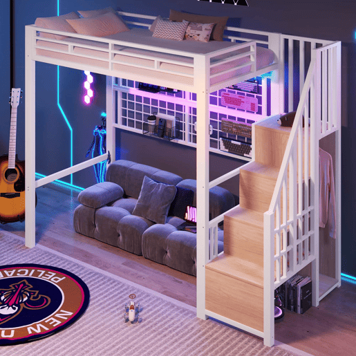 Cama alta 90x200 cm - estrutura em ferro, roupeiro integrado, escada com espaço de arrumação, grelha para pendurar objetos, espaço livre na parte inferior, luzes LED com 7 cores, sem colchão - branco