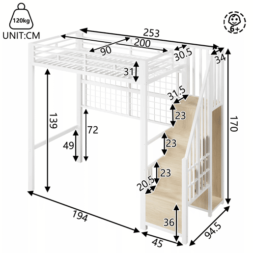 Cama alta 90x200 cm - estrutura em ferro, roupeiro integrado, escada com espaço de arrumação, grelha para pendurar objetos, espaço livre na parte inferior, luzes LED com 7 cores, sem colchão - branco
