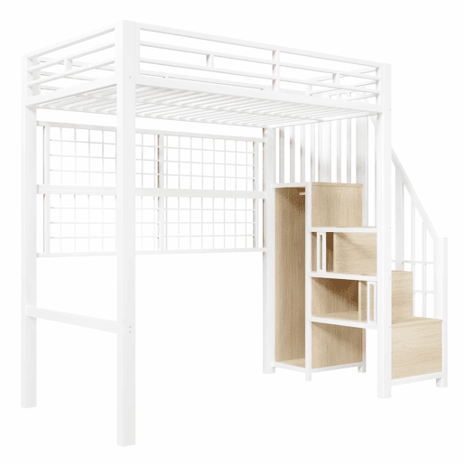 Cama alta 90x200 cm - estrutura em ferro, roupeiro integrado, escada com espaço de arrumação, grelha para pendurar objetos, espaço livre na parte inferior, luzes LED com 7 cores, sem colchão - branco