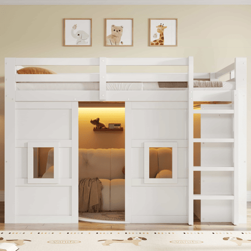 Cama alta em madeira 140x200 cm - com roupeiro integrado, 2 janelas e iluminação LED - branca