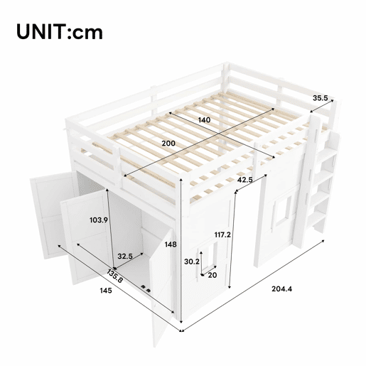 Cama alta em madeira 140x200 cm - com roupeiro integrado, 2 janelas e iluminação LED - branca