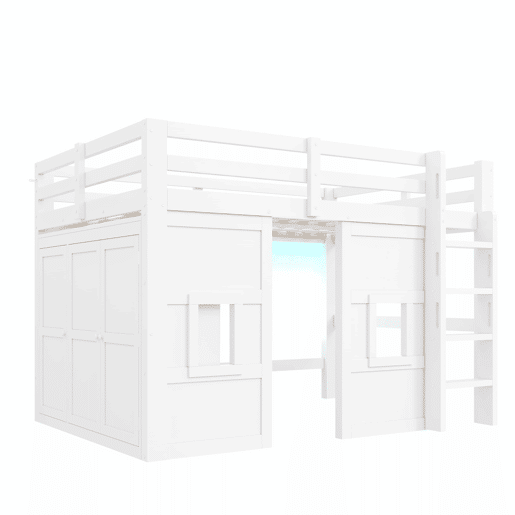 Cama alta em madeira 140x200 cm - com roupeiro integrado, 2 janelas e iluminação LED - branca