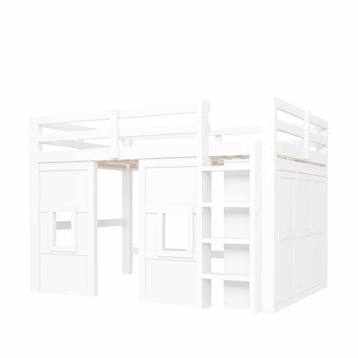 Cama alta em madeira 140x200 cm - com roupeiro integrado, 2 janelas e iluminação LED - branca