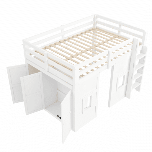 Cama alta em madeira 140x200 cm - com roupeiro integrado, 2 janelas e iluminação LED - branca