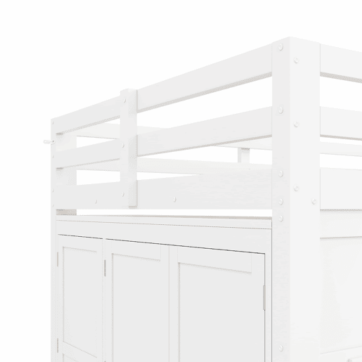 Cama alta em madeira 140x200 cm - com roupeiro integrado, 2 janelas e iluminação LED - branca