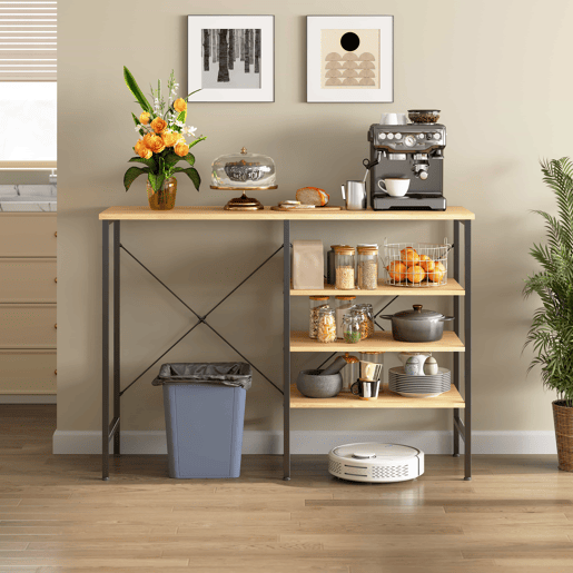 Mesa multifuncional 120 x 40 x 85,5 cm - estrutura metálica preta com tampo com efeito de madeira, design modular flexível para cozinha, sala de estar, cave e garagem - Preto + Natural