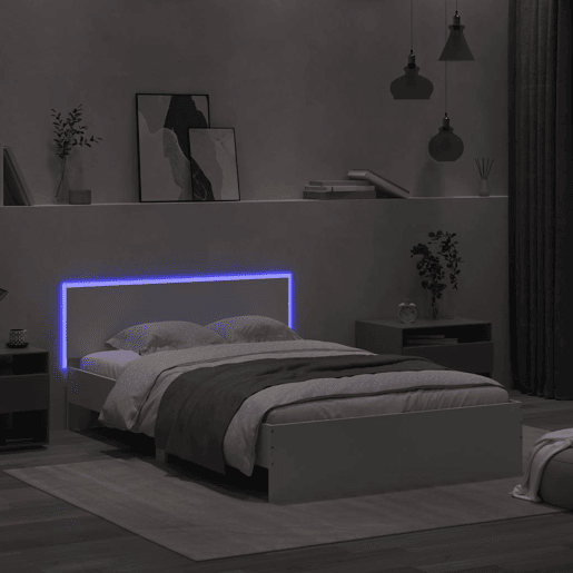 Estrutura de Cama de casal para adultos com cabeceira e luzes LED 120x200 cm branco