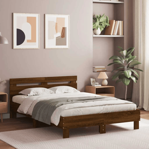 Estrutura de cama de casal c cabeceiraluzes LED - 120x190cm carvalho castanho