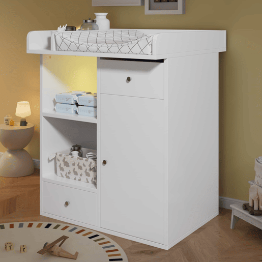 Cómoda com trocador para bebé - LED com regulação de cor e intensidade, 2 gavetas, amplo espaço de arrumação, trocador com divisórias - branco