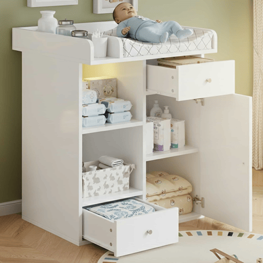 Cómoda com trocador para bebé - LED com regulação de cor e intensidade, 2 gavetas, amplo espaço de arrumação, trocador com divisórias - branco