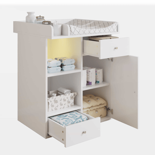 Cómoda com trocador para bebé - LED com regulação de cor e intensidade, 2 gavetas, amplo espaço de arrumação, trocador com divisórias - branco