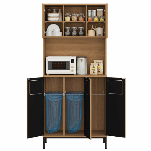 Armário para lixo 80x35x181 cm - Armário de cozinha de 3 portas com separação de resíduos, móvel alto com acabamento em carvalho, 3 compartimentos para triagem, prateleira para micro-ondas e espaço de arrumação para aspirador - Natural