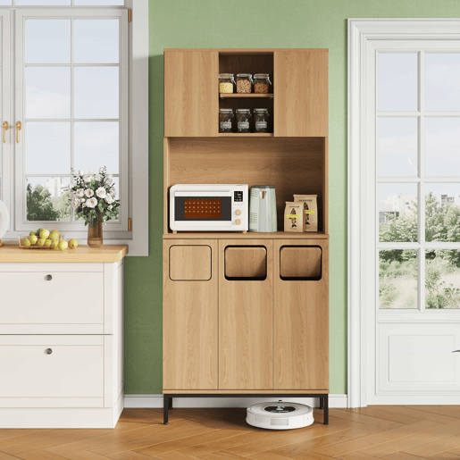 Armário para lixo 80x35x181 cm - Armário de cozinha de 3 portas com separação de resíduos, móvel alto com acabamento em carvalho, 3 compartimentos para triagem, prateleira para micro-ondas e espaço de arrumação para aspirador - Natural