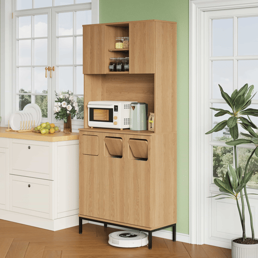 Armário para lixo 80x35x181 cm - Armário de cozinha de 3 portas com separação de resíduos, móvel alto com acabamento em carvalho, 3 compartimentos para triagem, prateleira para micro-ondas e espaço de arrumação para aspirador - Natural