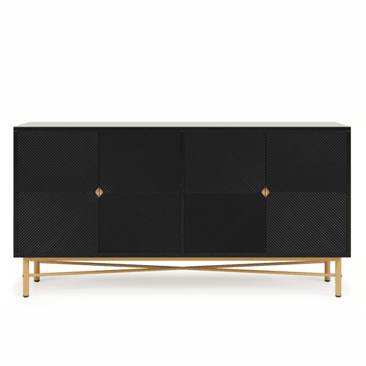 Aparador 160 x 40 x 82 cm - com textura em relevo, 4 portas, puxadores dourados escovados e pés de alto brilho - preto