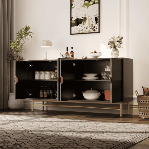 Aparador 160 x 40 x 82 cm - com textura em relevo, 4 portas, puxadores dourados escovados e pés de alto brilho - preto