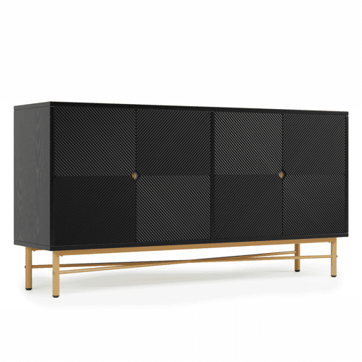 Aparador 160 x 40 x 82 cm - com textura em relevo, 4 portas, puxadores dourados escovados e pés de alto brilho - preto