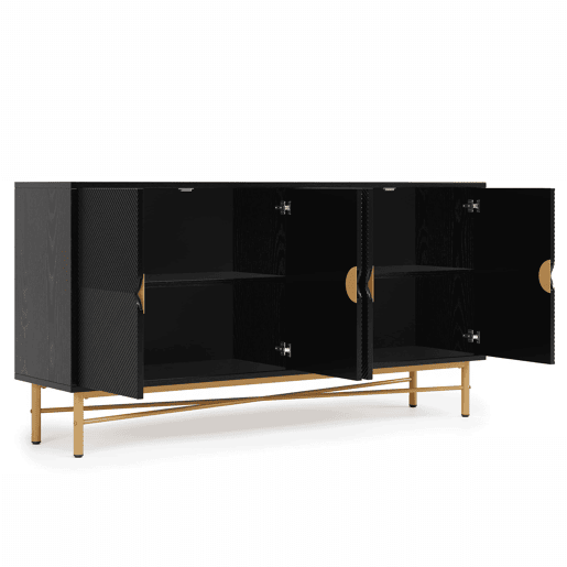 Aparador 160 x 40 x 82 cm - com textura em relevo, 4 portas, puxadores dourados escovados e pés de alto brilho - preto