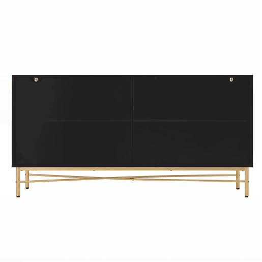 Aparador 160 x 40 x 82 cm - com textura em relevo, 4 portas, puxadores dourados escovados e pés de alto brilho - preto