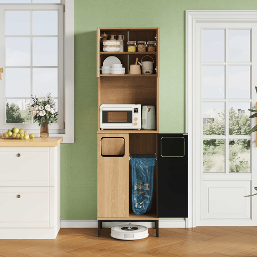 Armário de cozinha para lixo 53x35x181 cm - com compartimento para resíduos, espaço para micro-ondas, espaço para aspirador, design de armário alto com efeito de carvalho e preto - Natural