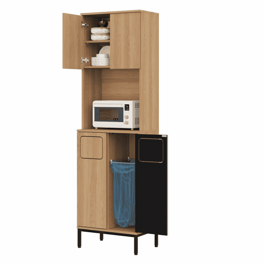 Armário de cozinha para lixo 53x35x181 cm - com compartimento para resíduos, espaço para micro-ondas, espaço para aspirador, design de armário alto com efeito de carvalho e preto - Natural