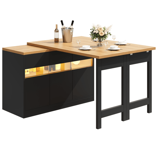Mesa de bar extensível 120-180 cm - Com LED, rotação de 360°, com arrumação - Preto, Natural