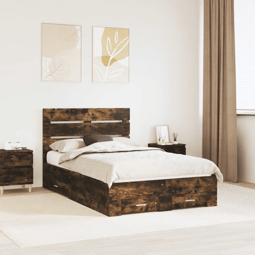 Estrutura da Cama de casal moderno com gaveta - Carvalho Defumado 120 x 190 cm