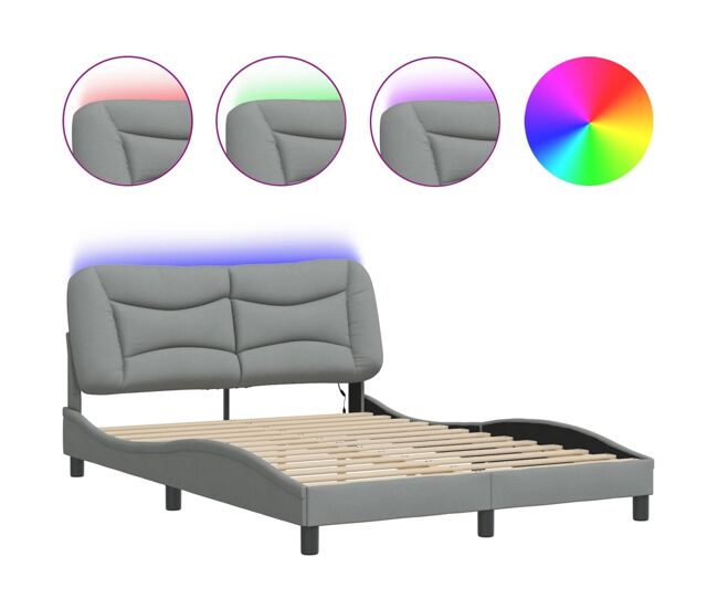 Estructura de cama doble matrimonial con led - tela gris claro 120x200 cm