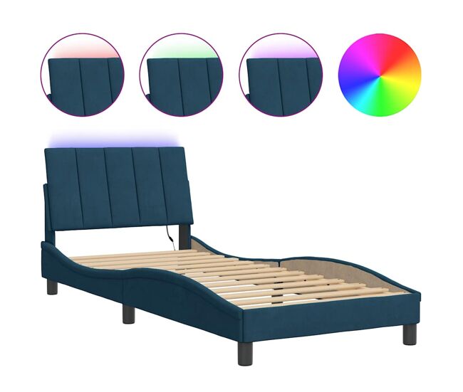 Estructura de cama individual para adultos con led terciopelo azul 80x200 cm