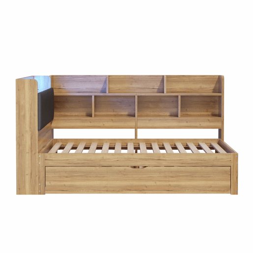 Cama infantil 90x200 cm - com arrumação, iluminação LED, portas USB, cama extra 90x190, design em L com prateleiras - cor natural